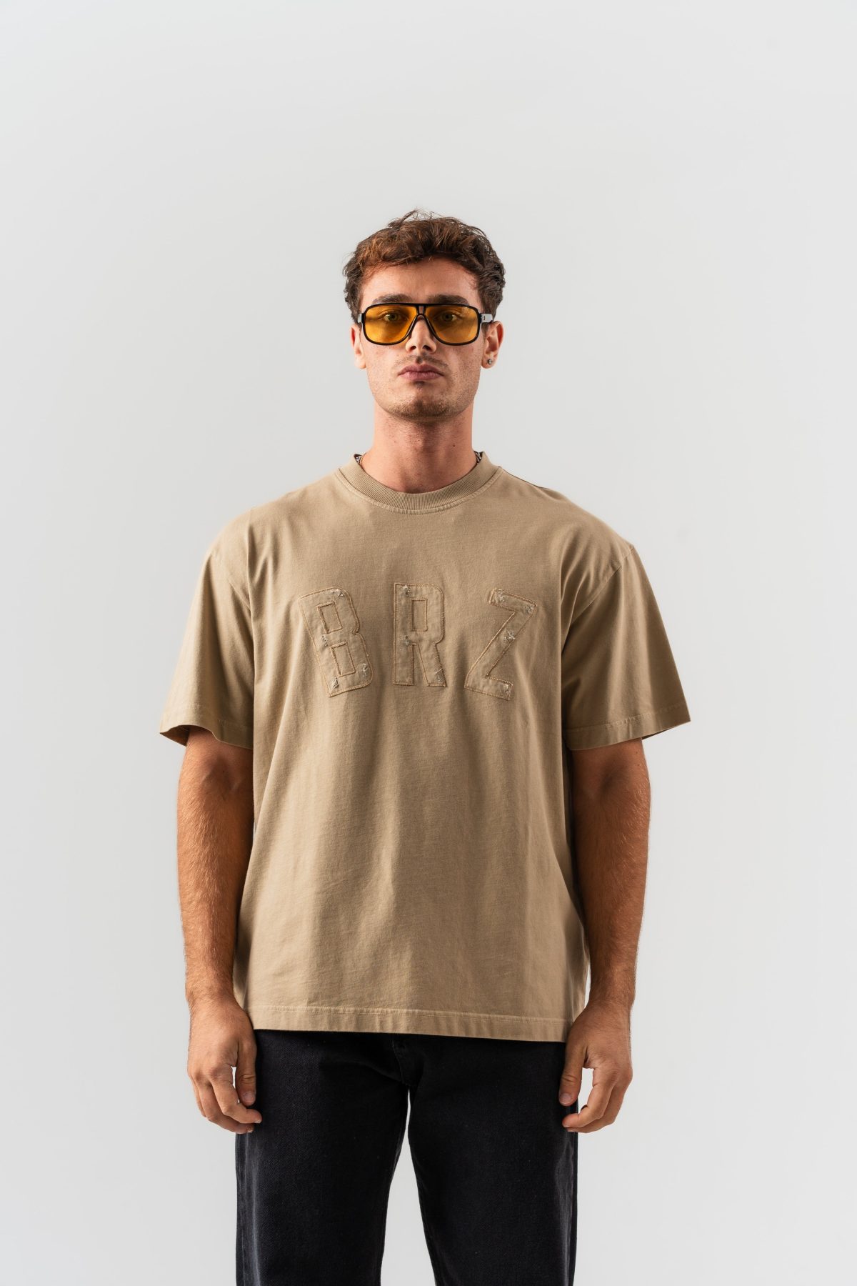 BORZ Aplike Nakışlı Oversize Kalıp Bisiklet Yaka T-shirt - Bej — Bej (1)