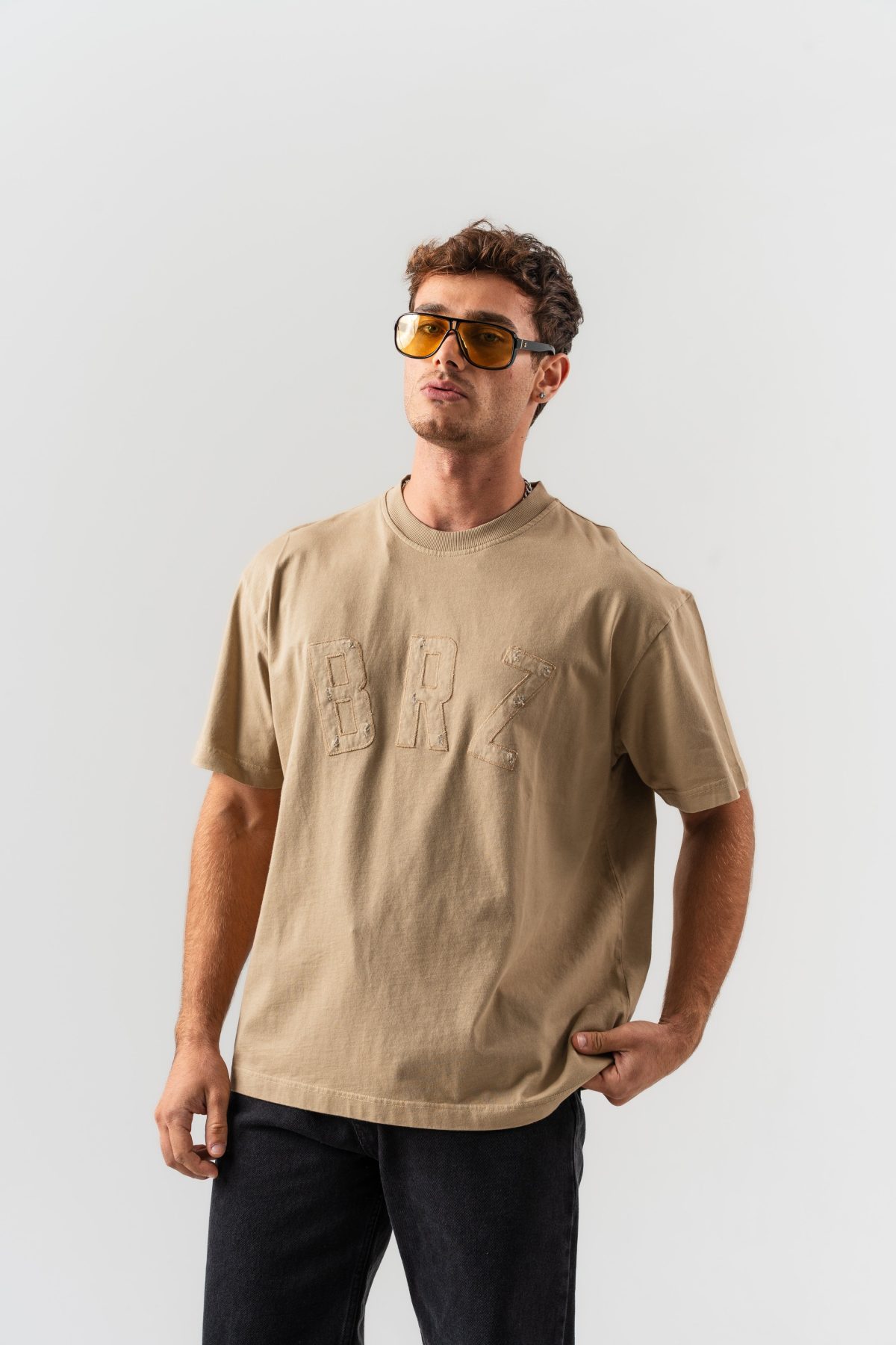 BORZ Aplike Nakışlı Oversize Kalıp Bisiklet Yaka T-shirt - Bej — Bej (4)
