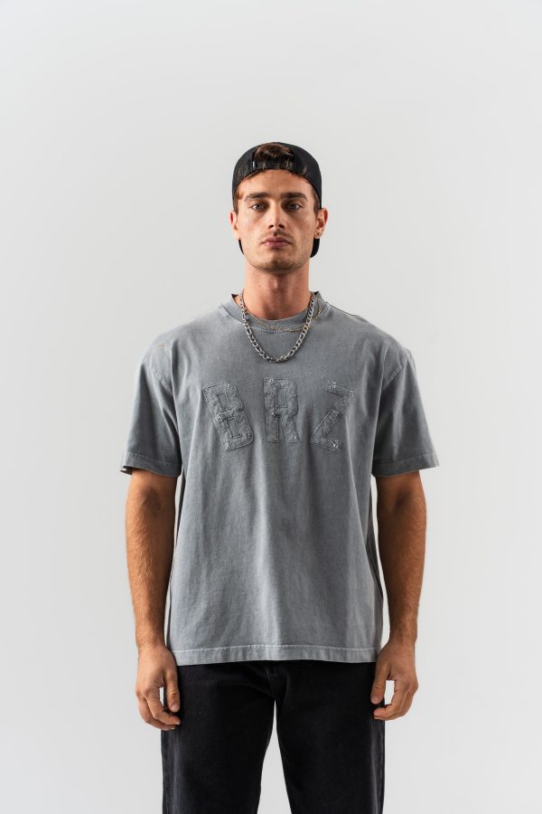 BORZ Aplike Nakışlı Oversize Kalıp Bisiklet Yaka T-shirt - Gri — Gri