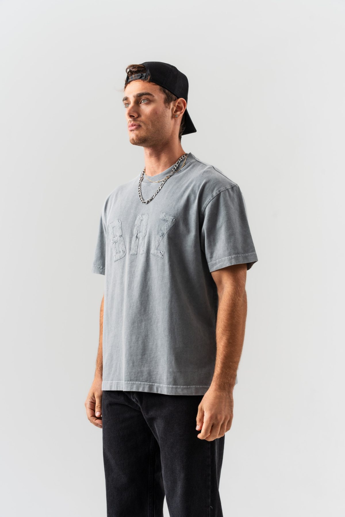 BORZ Aplike Nakışlı Oversize Kalıp Bisiklet Yaka T-shirt - Gri — Gri (2)