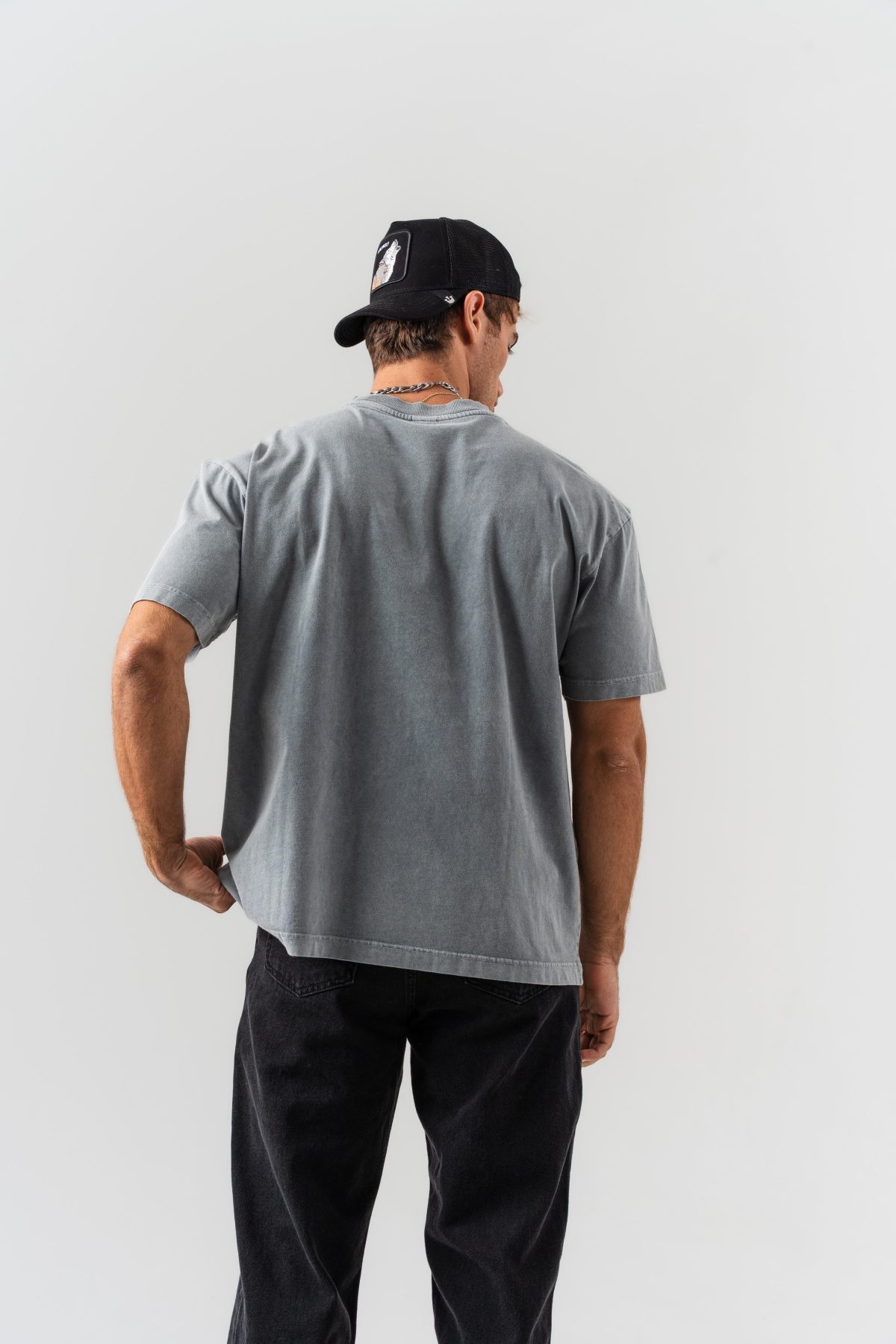 BORZ Aplike Nakışlı Oversize Kalıp Bisiklet Yaka T-shirt - Gri — Gri (3)