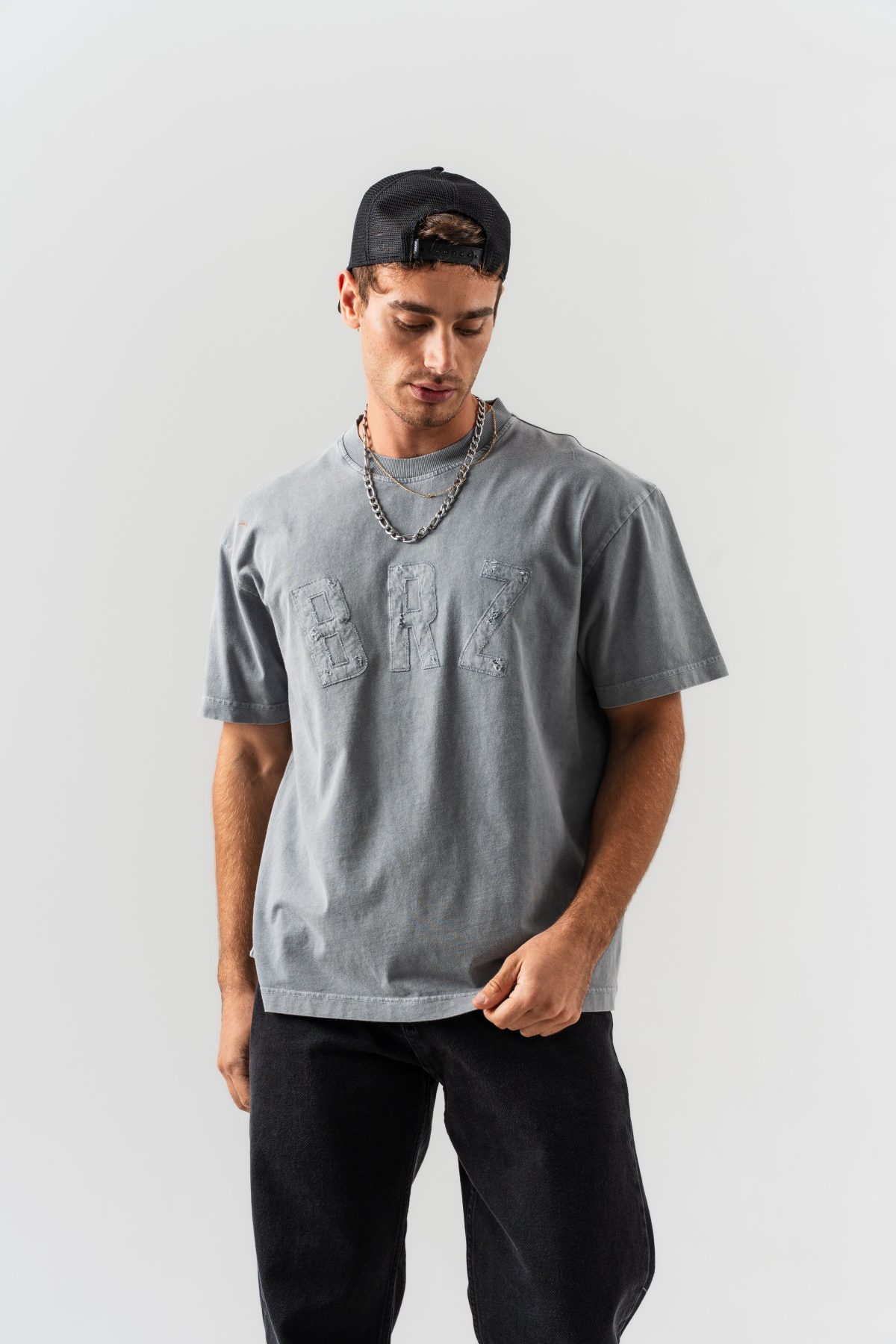 BORZ Aplike Nakışlı Oversize Kalıp Bisiklet Yaka T-shirt - Gri — Gri (4)