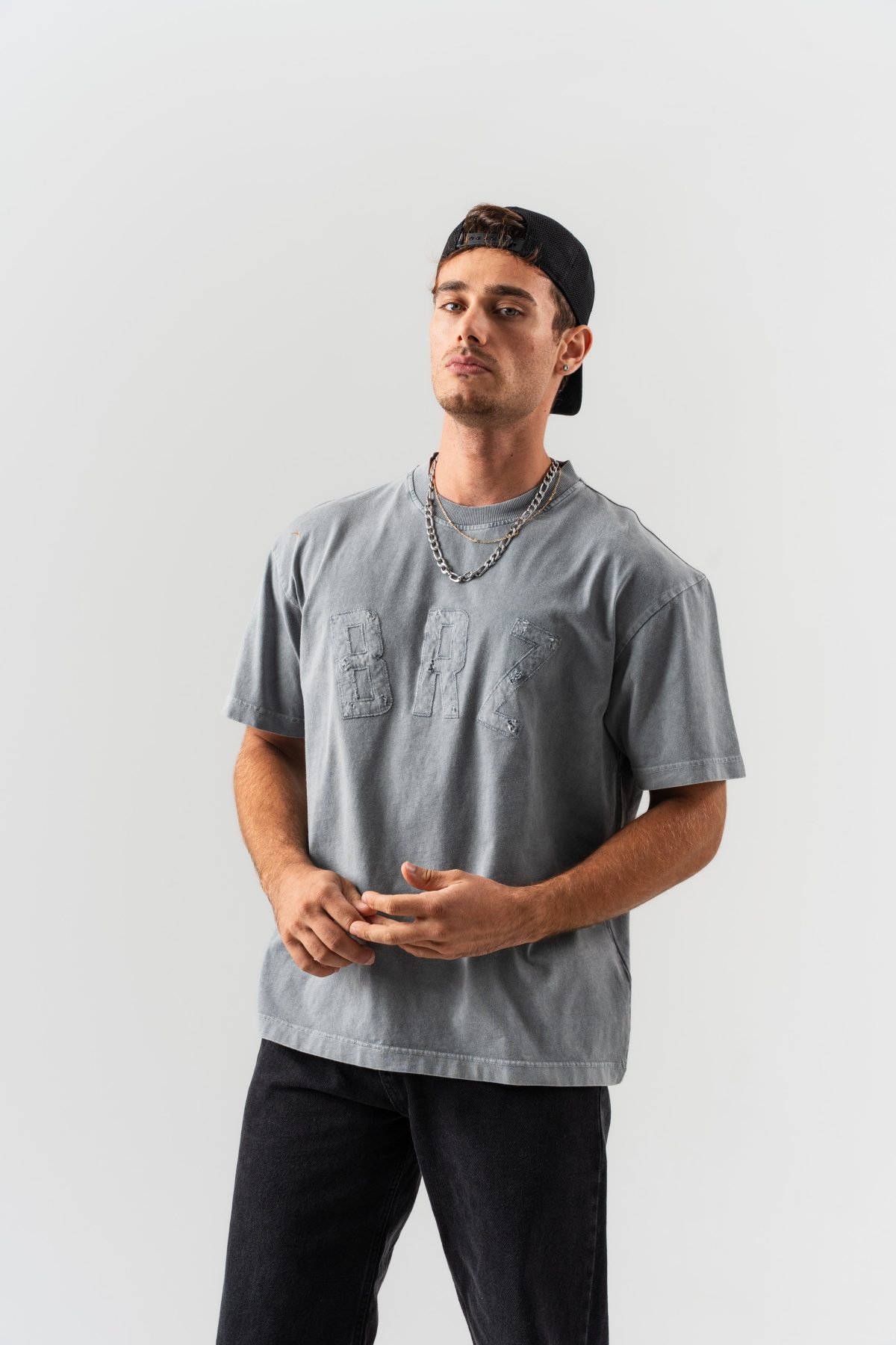 BORZ Aplike Nakışlı Oversize Kalıp Bisiklet Yaka T-shirt - Gri — Gri (5)