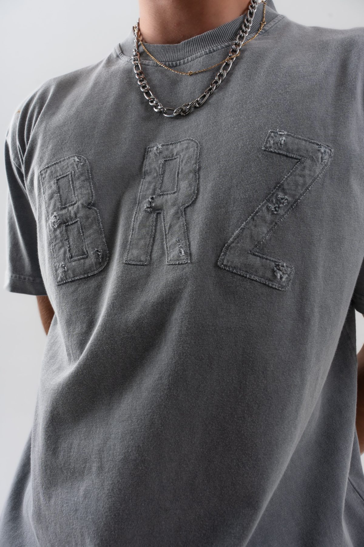 BORZ Aplike Nakışlı Oversize Kalıp Bisiklet Yaka T-shirt - Gri — Gri (6)