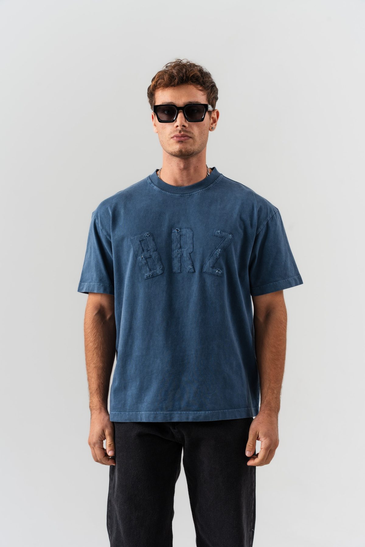 BORZ Aplike Nakışlı Oversize Kalıp Bisiklet Yaka T-shirt - Lacivert — Lacivert (1)