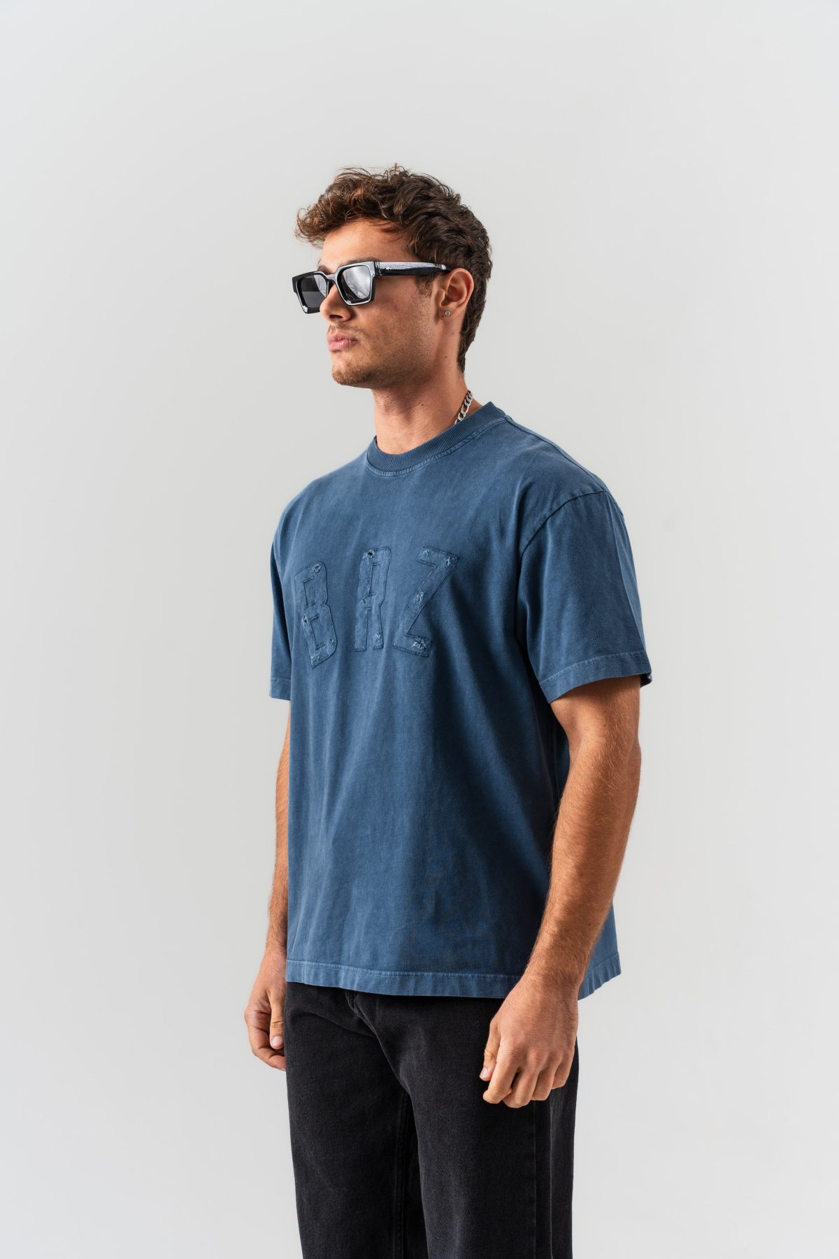 BORZ Aplike Nakışlı Oversize Kalıp Bisiklet Yaka T-shirt - Lacivert — Lacivert (2)