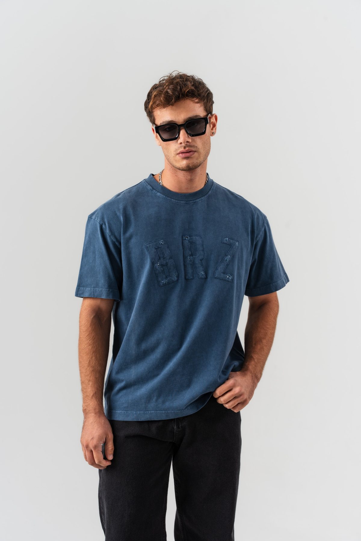 BORZ Aplike Nakışlı Oversize Kalıp Bisiklet Yaka T-shirt - Lacivert — Lacivert (4)