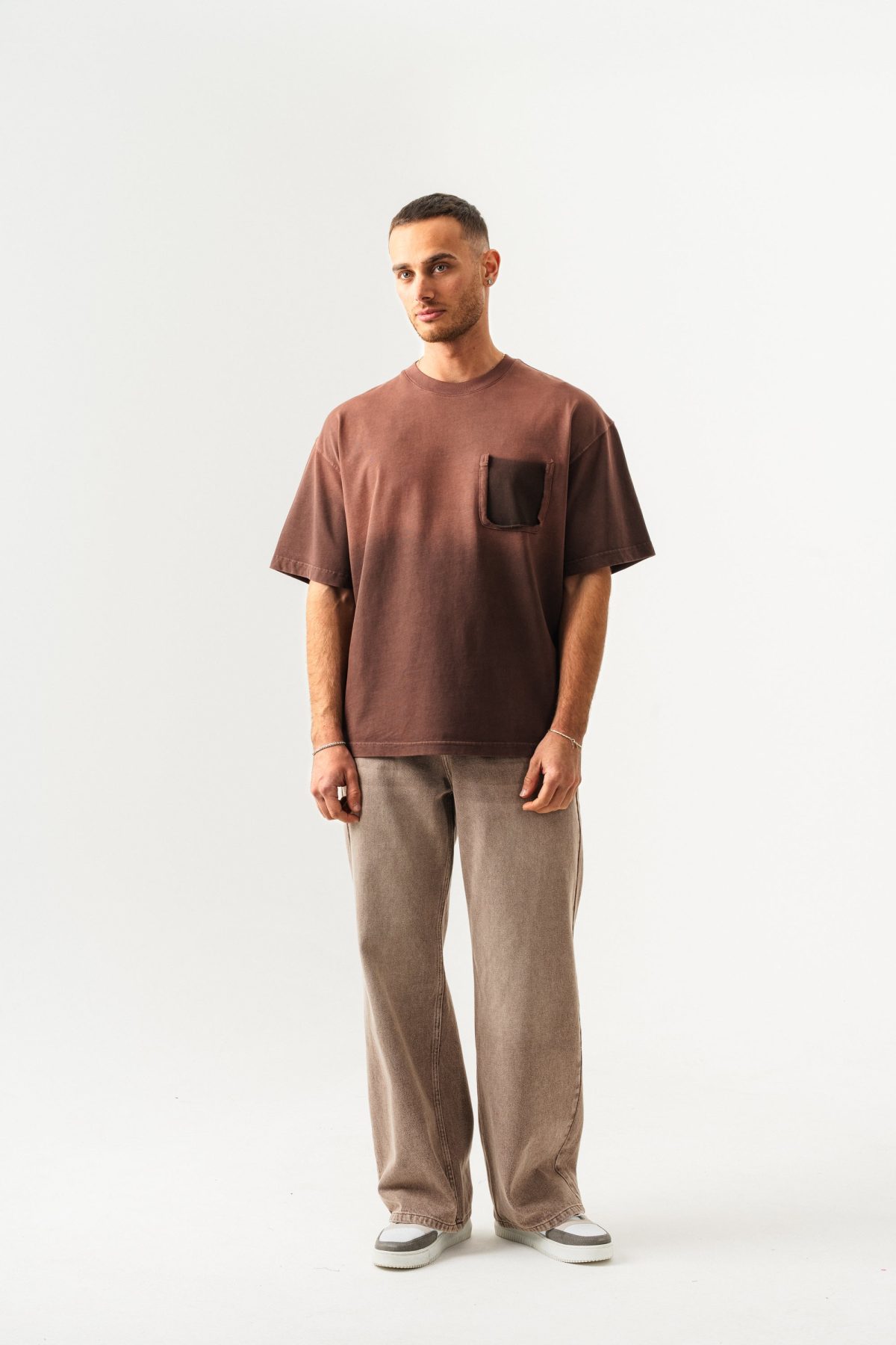 BORZ UNISEX CEPLİ-YIKAMALI OVERSİZE TİŞÖRT — Kahverengi (4)