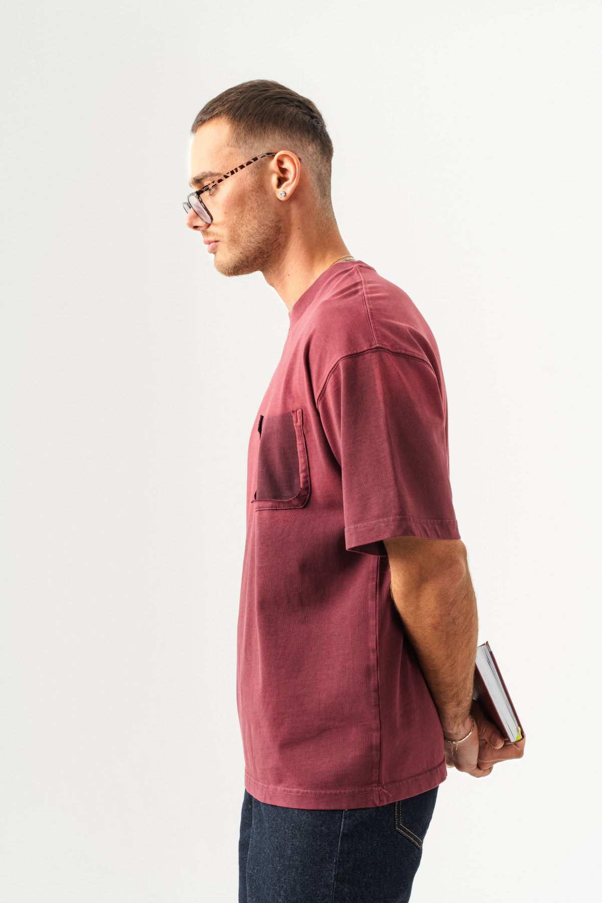 BORZ UNISEX CEPLİ-YIKAMALI OVERSİZE TİŞÖRT — Bordo (2)