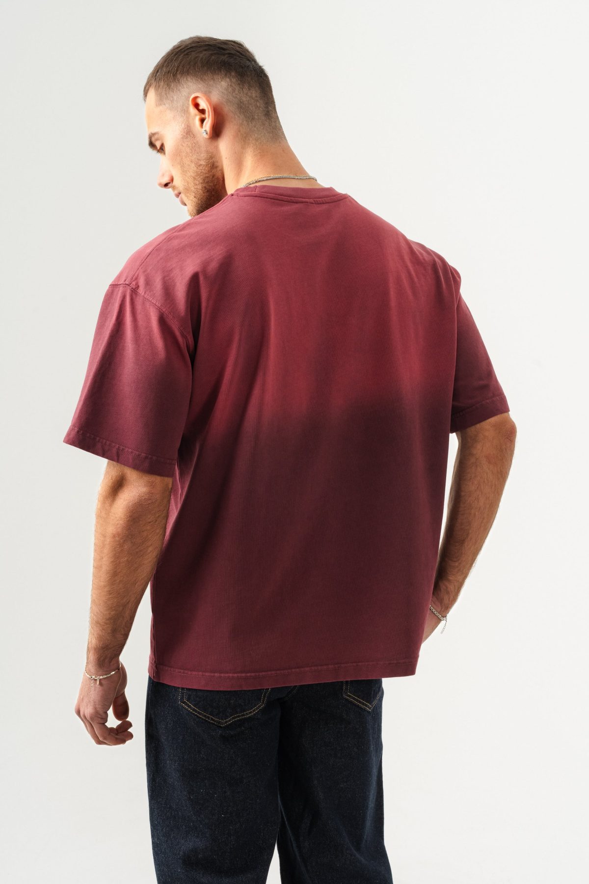 BORZ UNISEX CEPLİ-YIKAMALI OVERSİZE TİŞÖRT — Bordo (3)