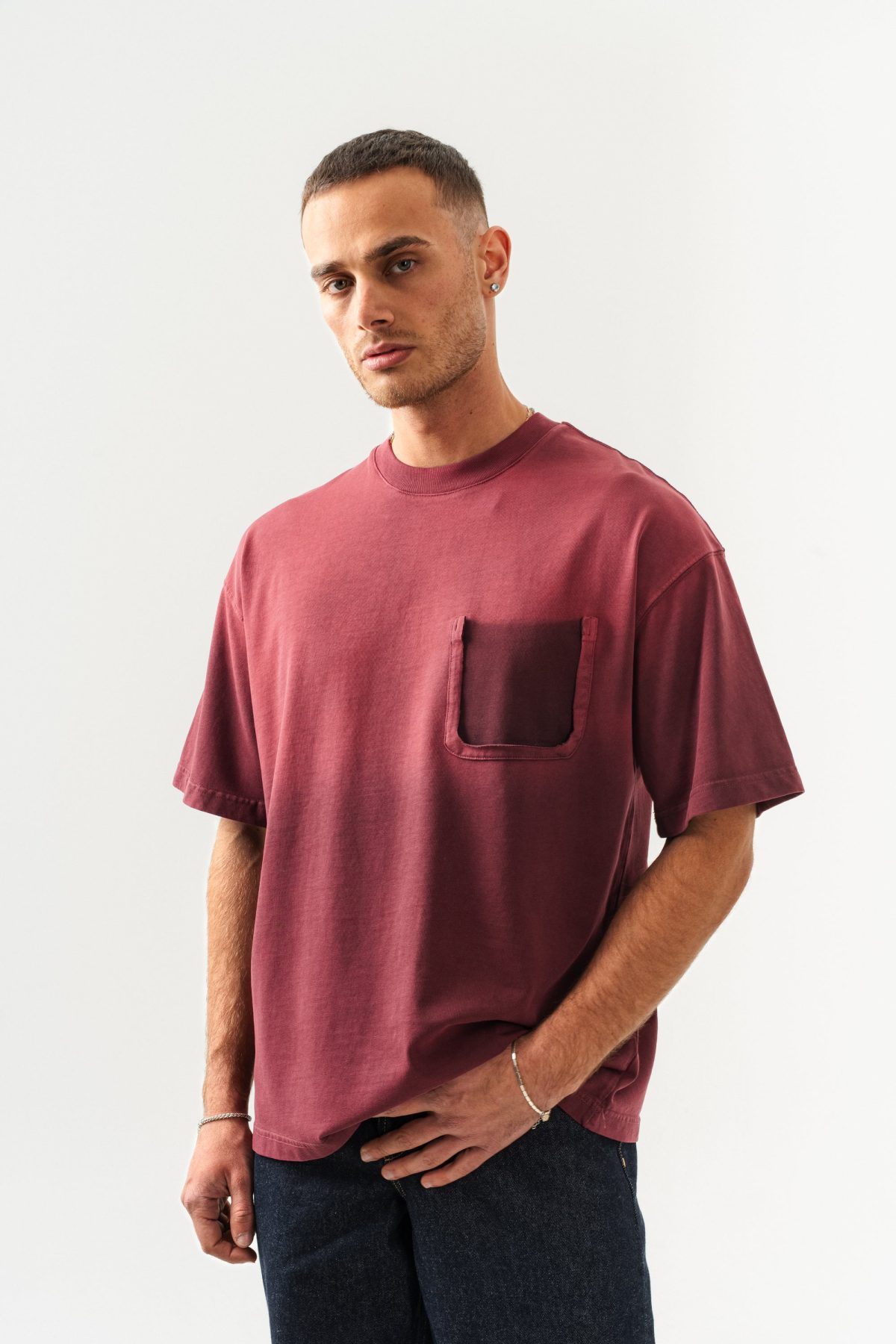 BORZ UNISEX CEPLİ-YIKAMALI OVERSİZE TİŞÖRT — Bordo (5)