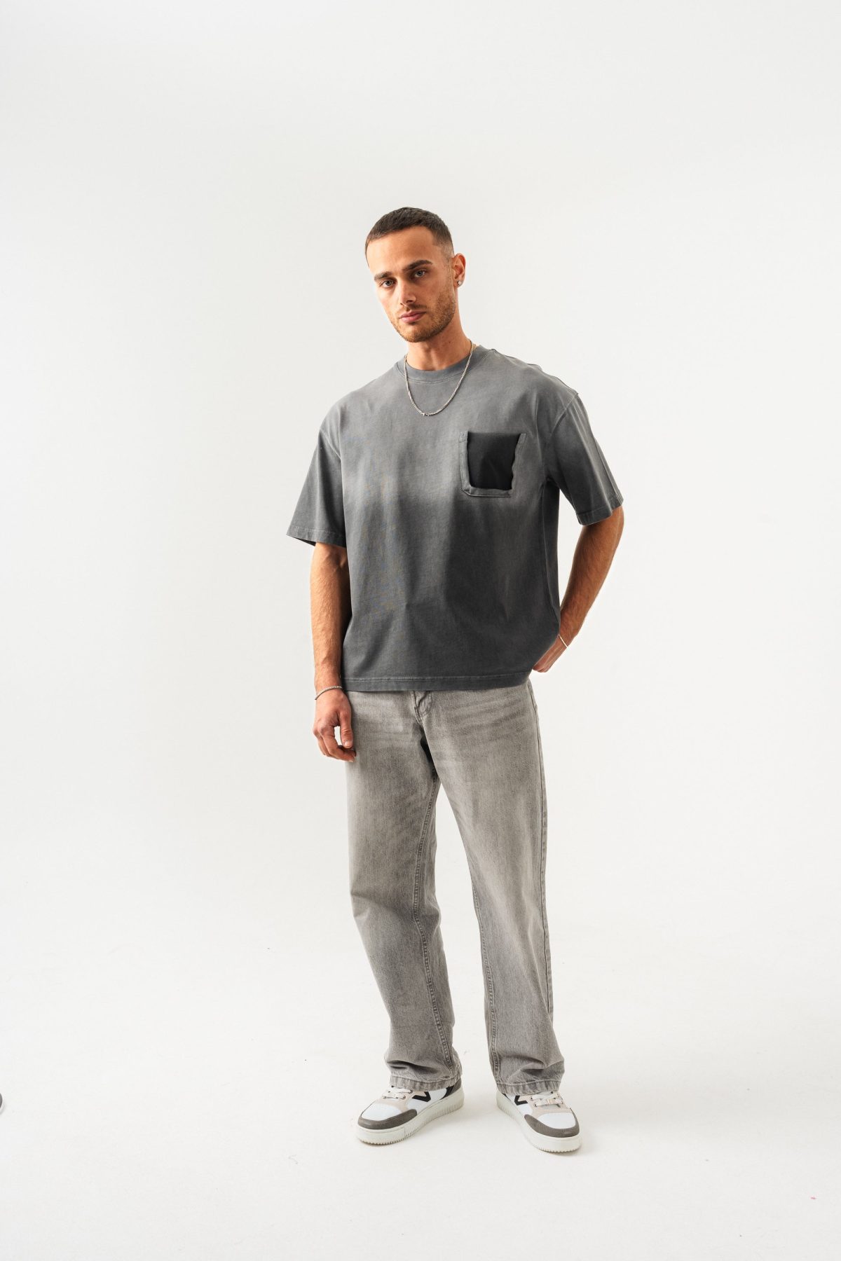 BORZ UNISEX CEPLİ-YIKAMALI OVERSİZE TİŞÖRT — Gri (6)