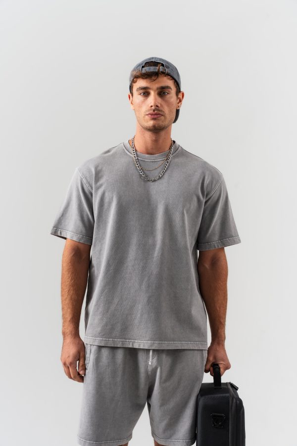 BORZ Yıkamalı Oversize T-shirt ve Şort Takımı - Gri — Gri