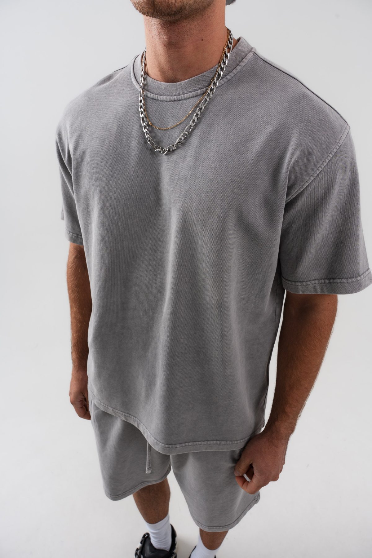 BORZ Yıkamalı Oversize T-shirt ve Şort Takımı - Gri — Gri (5)