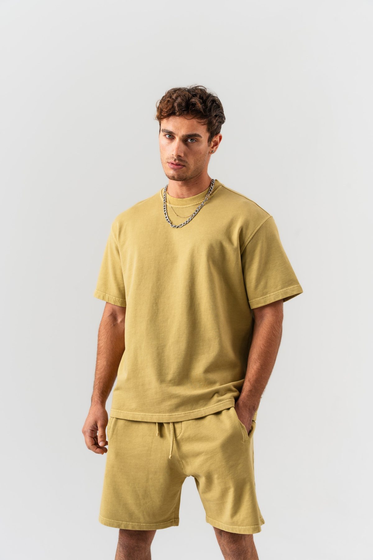 BORZ Yıkamalı Oversize T-shirt ve Şort Takımı - Sarı — Sarı (5)