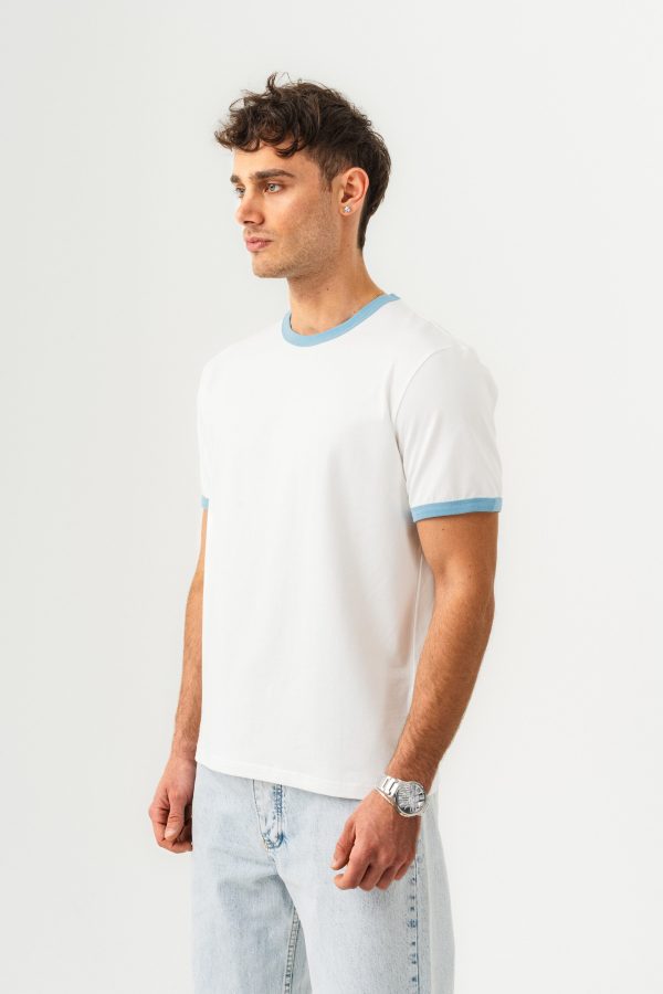 UNISEX YAKA KOL YIKAMA DETAYLI REGULAR FIT BASIC TİŞÖRT BEYAZ MAVİ
