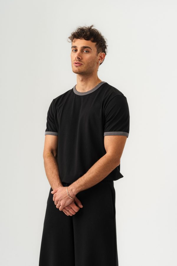 UNISEX YAKA KOL YIKAMA DETAYLI REGULAR FIT BASIC TİŞÖRT SİYAH-GRİ — Siyah-Gri